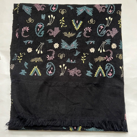 Black Embroidered Long Stole Large Scarf 34" x 80" Blue Yellow Pink Floral - Picture 2 of 5